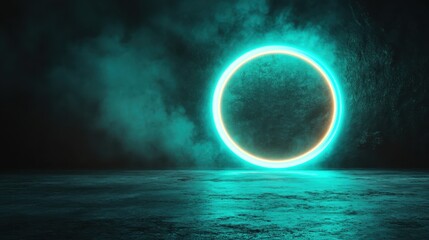 A luminous neon circle shines with an ethereal glow in a dark space, creating an atmospheric and captivating scene that sparks imagination and curiosity.