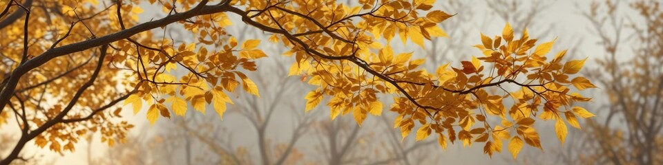Fototapeta premium Delicate golden leaves cling to the branches of a bare tree in the early stages of autumn color change, autumn leaves, tree with leaves