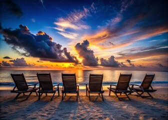 Fototapeta premium Tropical Beach Chairs Night Photography, Low Light Sunset Beach Chairs, Dark Beach Scene Chairs, Nighttime Beach Scene with Chairs