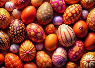 Obraz premium Trendy Spring Easter Eggs Panoramic: Pink, Peach & Orange Decorated Eggs