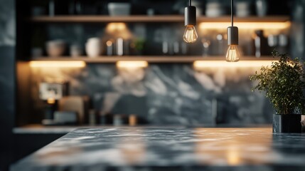 A modern kitchen with a focus on design and illumination. The countertop is sleek, and the candle provides a warm ambiance.