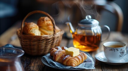 Cozy Breakfast Scene with Croissants, Butter, and Tea