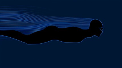 Silhouette of swimmer in freestyle stroke, blue water trails.