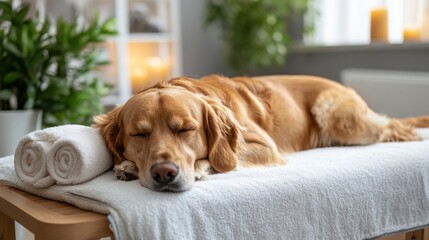 Relaxing Golden Retriever Dog in Cozy Indoor Spa Treatment Setting