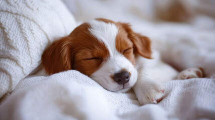 Cute puppy sleeping peacefully on a cozy white bed