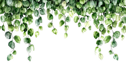 Watercolor painting of hanging green leaves on white background.