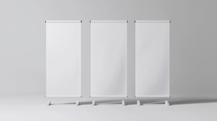 Three identical roll up banner stands with a clean white background, designed for versatile presentation needs.