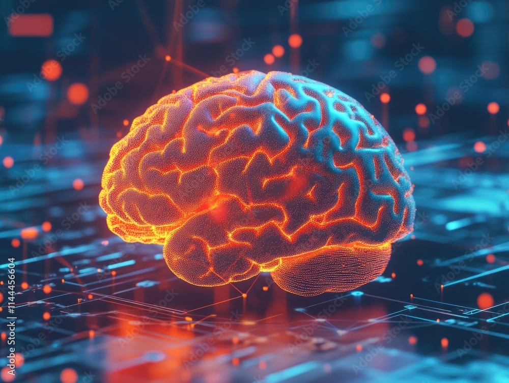 Poster image depicting a human brain with intricate synaptic connections, surrounded by digital neurons in 