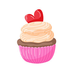 Cute cupcake with creamy frosting in a pink wrapper topped with a red heart in cartoon. Ideal for Valentine Day, bakery, dessert and celebration themed design.
