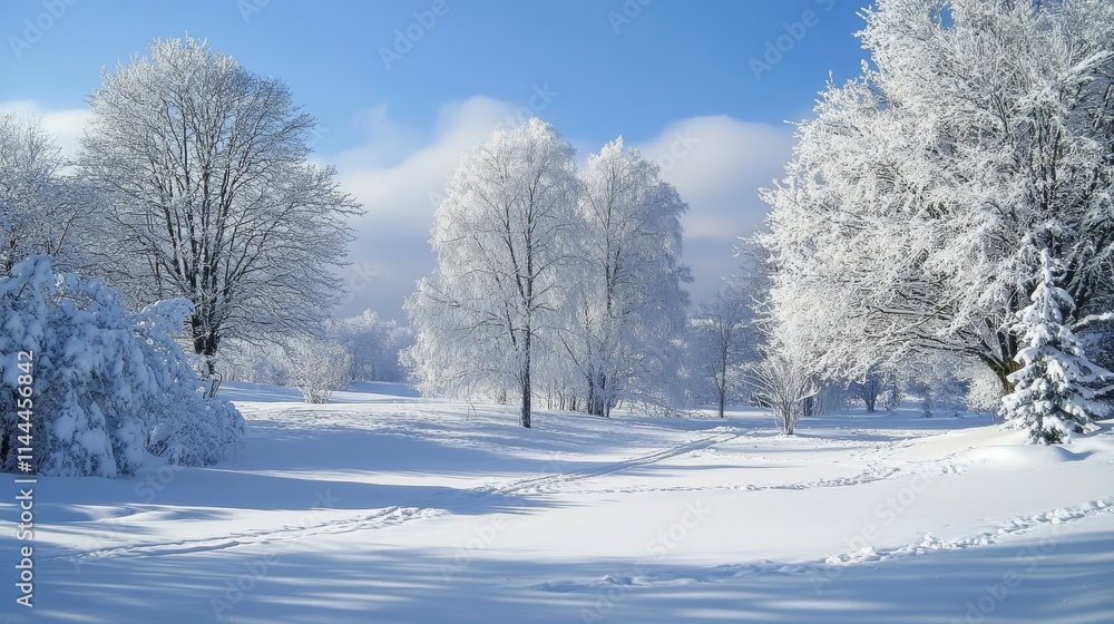 Poster a pristine snowy forest with sunlight filtering through frost-covered trees. the untouched snow crea