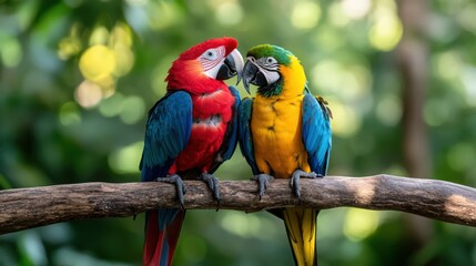 Two parrots are sitting on a branch, one is red and the other is yellow