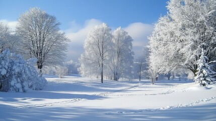 A pristine snowy forest with sunlight filtering through frost-covered trees. The untouched snow creates a peaceful and magical winter scene.. AI Generation