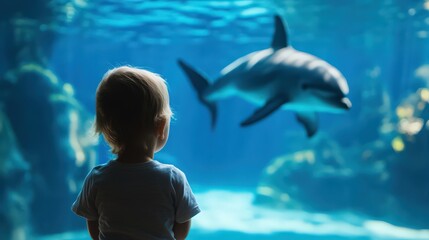 A young child is looking at a dolphin in a tank