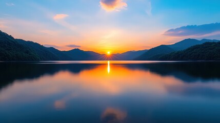 Fototapeta premium A beautiful sunset over a lake with mountains in the background