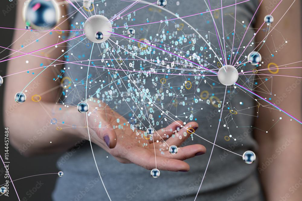 Poster Data cloud storage network from lines, triangles and particle style design.