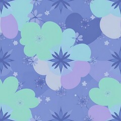 Floral Dreamscape: A serene and whimsical pattern featuring delicate flowers, soft clouds, and abstract shapes in a calming palette of pastel blues, greens, and purples.