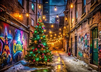 Fototapeta premium Urban Christmas Tree Exploration Photography: Dark Alley Festive Lights Background