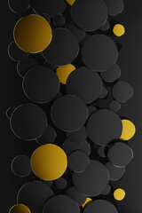 Black friday black abstract background - flying black and golden glossy circles as pattern, top view. 3D illustration circle texture in rich, elegant, geometric style for sale, advertising, design.