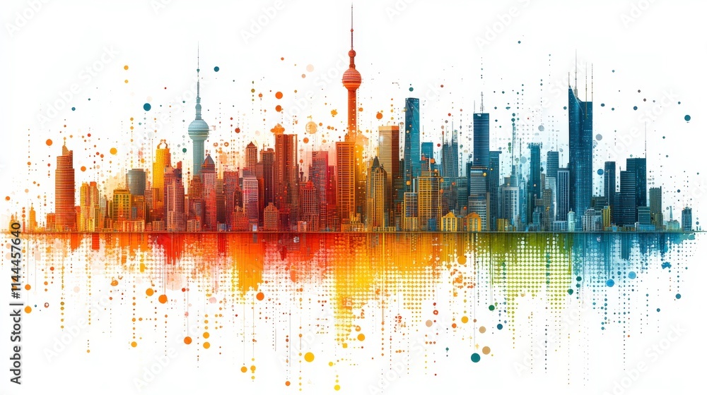 Poster vibrant abstract city skyline with colorful dots and gradients representing urban architecture and m