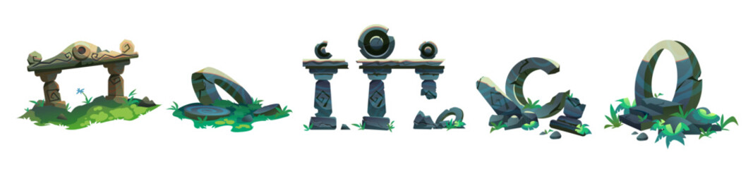 Ancient ruin of old lost civilization buildings and statues. Cartoon vector illustration set of stone temple with green grass in jungle. Destroyed abandoned architecture and monument.