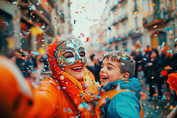 Smiling elderly woman with her grandson celebrating carnival on the street