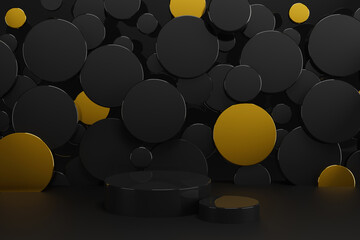 Two black glossy plastic podiums mockup stage for presentation black friday, new year, cosmetic products, goods, advertising. Black, gold circles decor. Template 3D illustration rich, elegant scene.