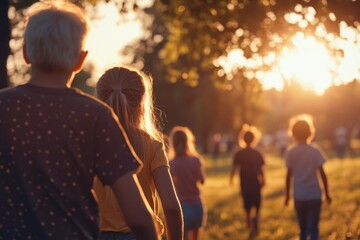 A family walking along a path in the park at sunset. The scene captures warmth and togetherness.