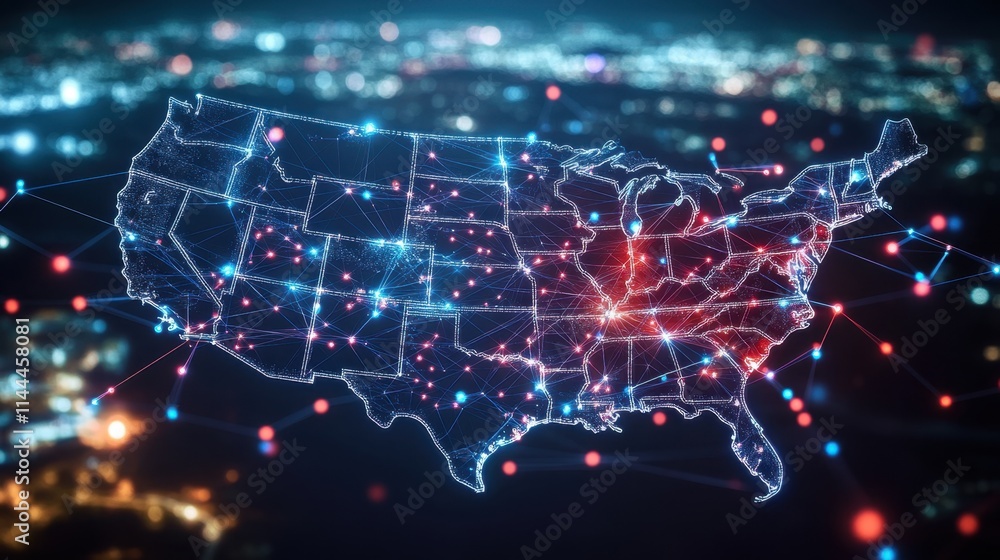 Aufkleber digital map of united states with network connections and data points