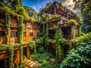 Fototapeta premium Urban Exploration Bush Background Photography: Abandoned Building Overgrown Nature, Lost Places, Decaying Structures, Wild Nature Photography