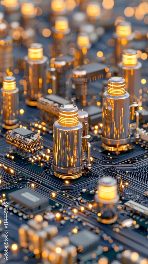 Poster futuristic circuit board glowing tech components abstract background