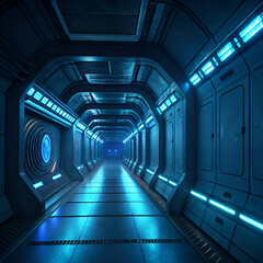 Futuristic Space Corridor with Blue Illuminated Panels