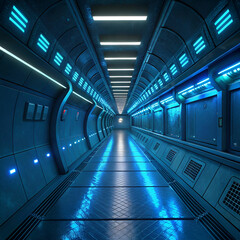 Futuristic Space Corridor with Blue Illuminated Panels