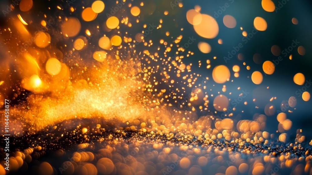Poster close-up of golden fiery sparks and glowing particles creating an energetic, dynamic atmosphere. ide
