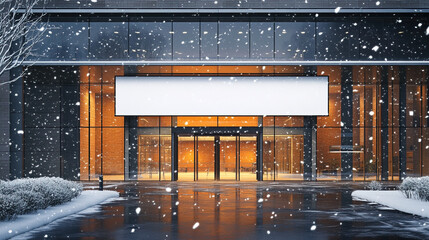 mocap, brick and glass office building and sign above the entrance, winter, it's snowing 