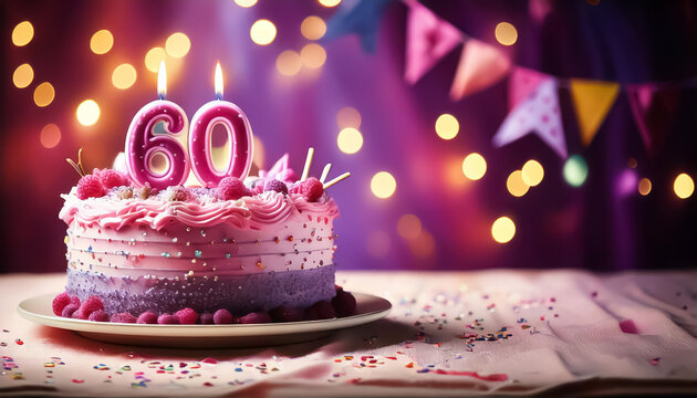 Pink birthday cake with candles - 60 years