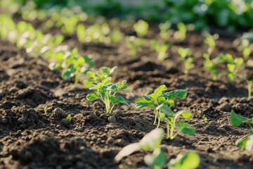 A freshly plowed field with young plants sprouting from the soil in a green garden setting