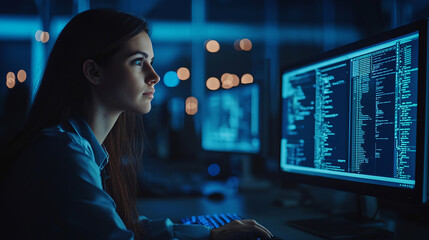 Focused female analyst working on cybersecurity and AI development