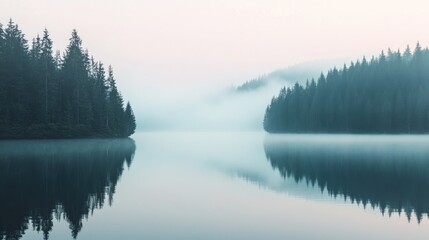 Fototapeta premium Serene Misty Lake Surrounded by Lush Green Forested Hills