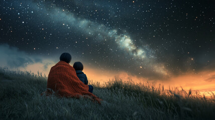 草原の丘で天の川に包まれる日本人親子