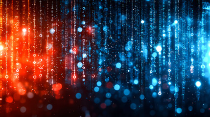 Abstract binary code rain, red and blue glowing particles.