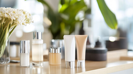 Collection of skincare products displayed on a stylish countertop with fresh flowers and natural light