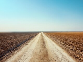 Fototapeta premium Long road stretches across a dry, barren landscape. The sky is clear and blue, and the sun is shining brightly. The road is unpaved and dusty, and there are no signs of life in the area