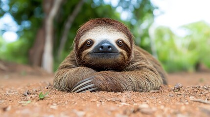 Fototapeta premium Close-up of a relaxed sloth lying on the ground.