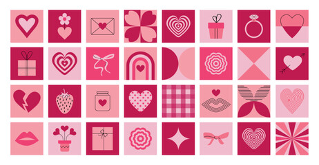 Valentine's day pink tiles background. Abstract geometric pattern with romantic symbols. Mosaic. Y2k glamour banner. 2000s. Girly doll mood. Hearts, bows, shapes. Vector backdrop, cover, card