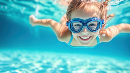Happy Child Swimming Underwater with Goggles in Clear Pool Water