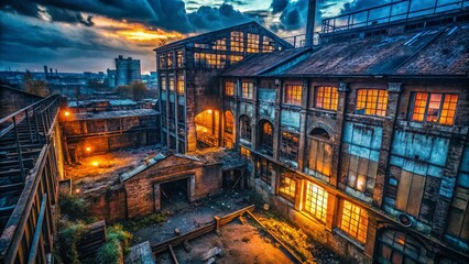 Obraz premium Urban Exploration Photography: Dark Moody Abandoned Building Backdrop, Grunge Textures, Industrial Decay