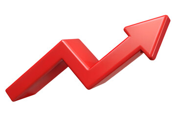 3D render red upward arrow graph showing rising trend, cut out, transparent white isolated background.