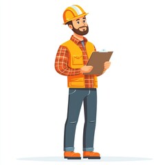 Construction Worker Holding Clipboard in Safety Gear with Hard Hat and Casual Attire, Smiling and Ready to Oversee Projects in a Bright Environment