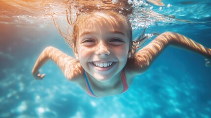 Fototapeta premium Happy Girl Swimming Underwater in Clear Blue Pool Water