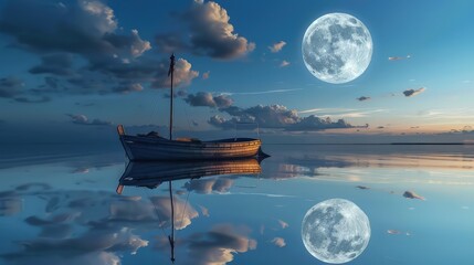 Obraz premium A full moon rises gracefully over the calm sea, casting a silvery reflection on the water's surface